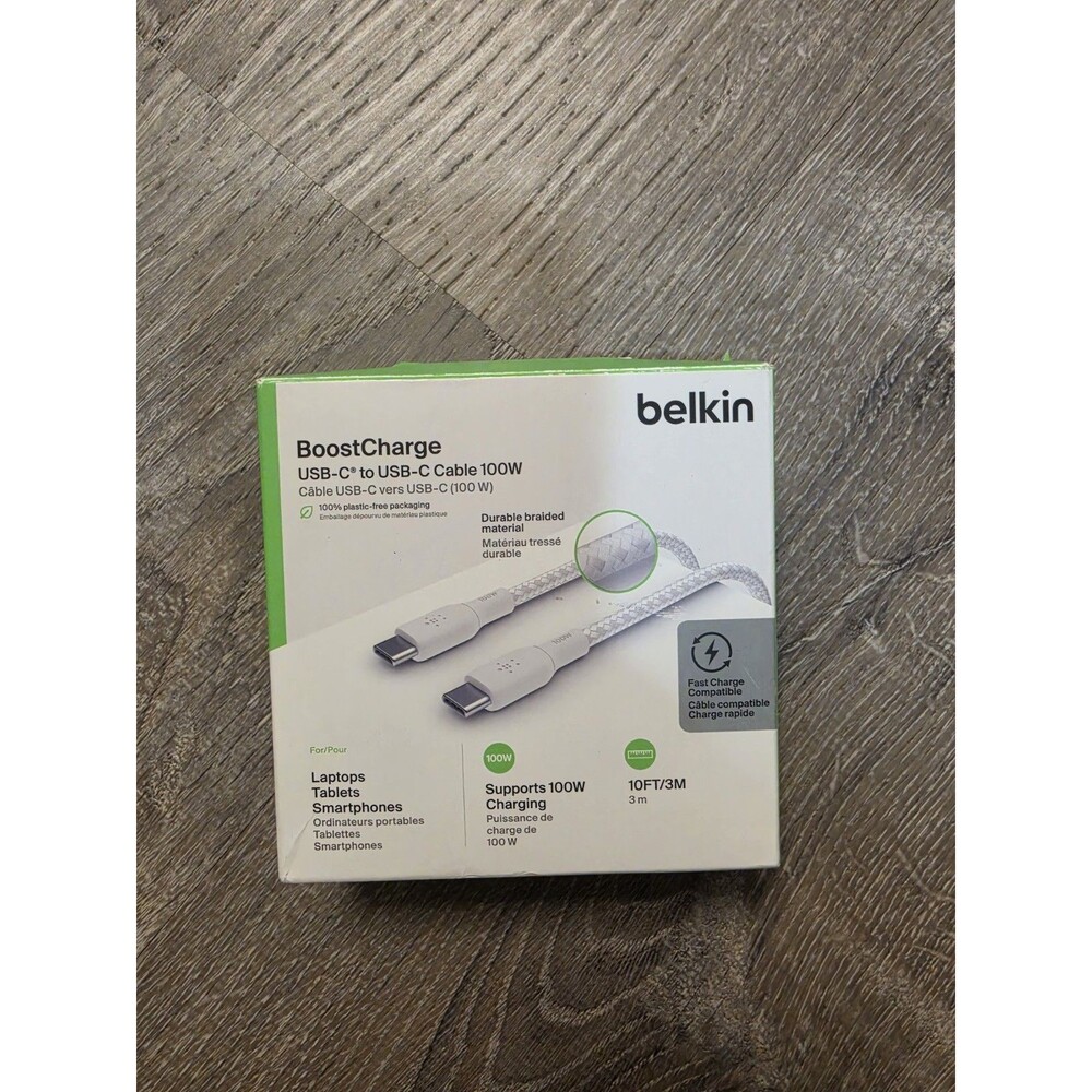 Belkin BoostCharge Braided 10ft 100W USB-C to USB-C Cable, White Open Box New